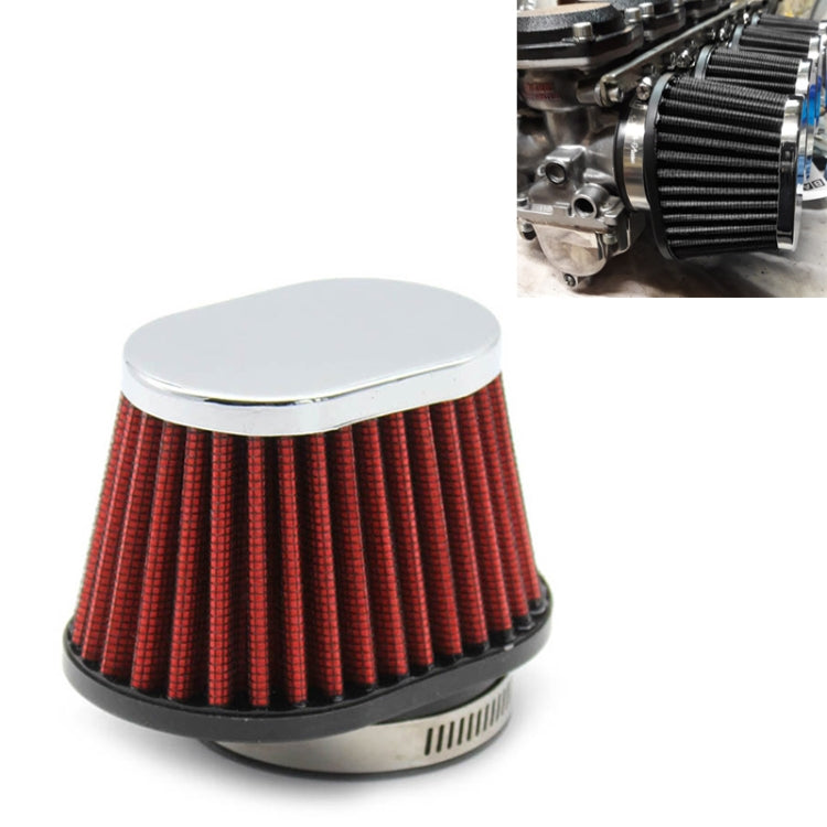 Red pleated motorcycle air filter with chrome top plate and black base