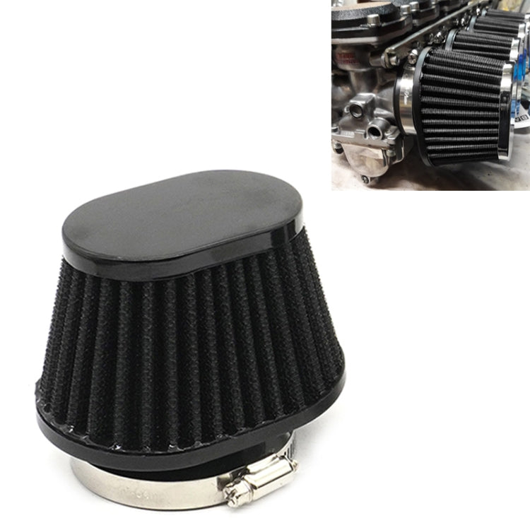 Black mushroom-style motorcycle air filter with pleated cone and metal base