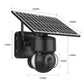 Solar dome IP camera with attached solar panel and front PTZ-style dual-lens housing