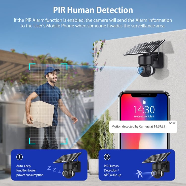 Solar dome security camera with dual-lens housing and PIR detection alert phone display