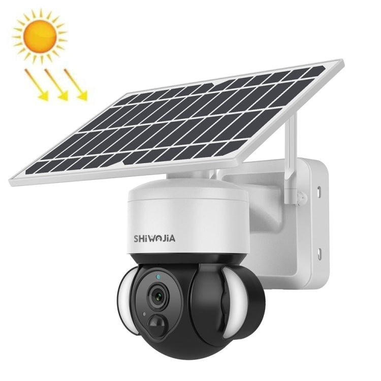 White solar dome IP security camera with solar panel and wall-mount bracket