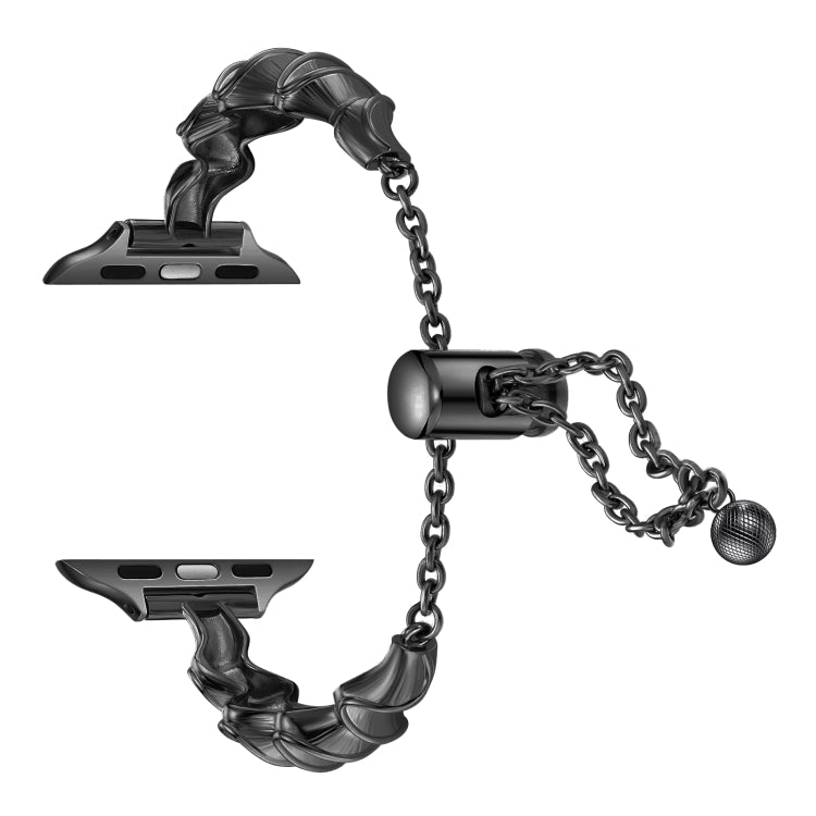 Ribbon wave metal watch band, black with adjustable chain and end bars