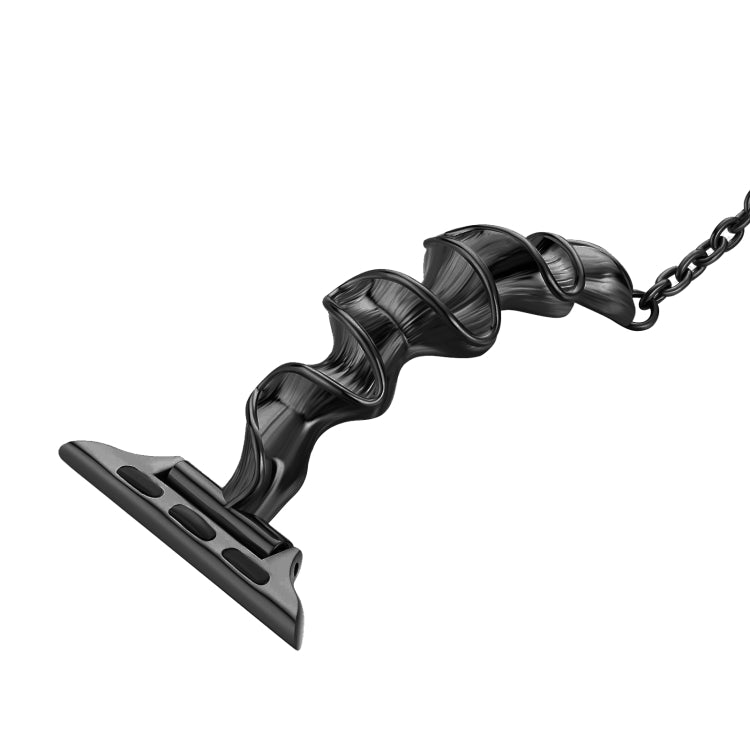 Ribbon wave metal watch band, black with wavy links and clasp ends