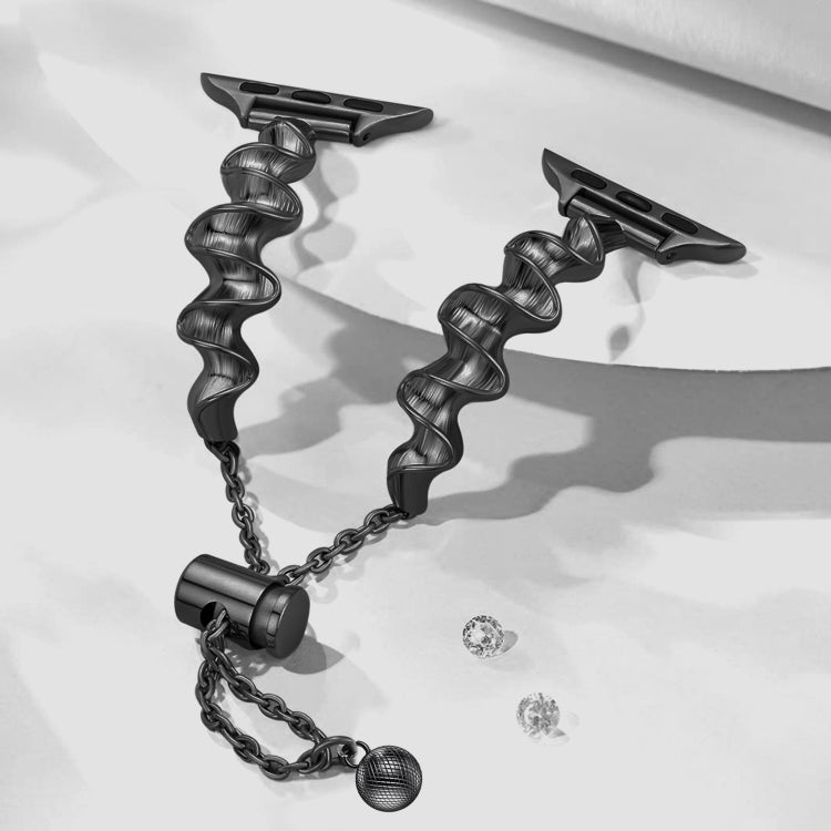 Ribbon wave metal watch band, black with wavy metal links and chain