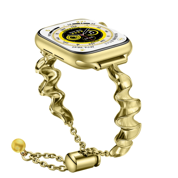 Ribbon wave metal watch band, gold with wavy links and chain charms