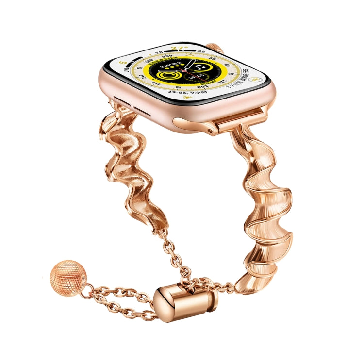 Rose gold metal watch band with wavy links and clasp ends for Apple Watch