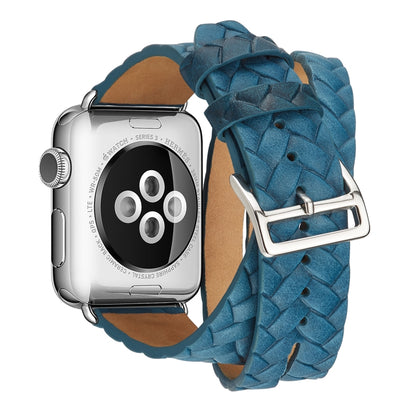 Blue embossed crown leather watch band with silver buckle and braided woven strap