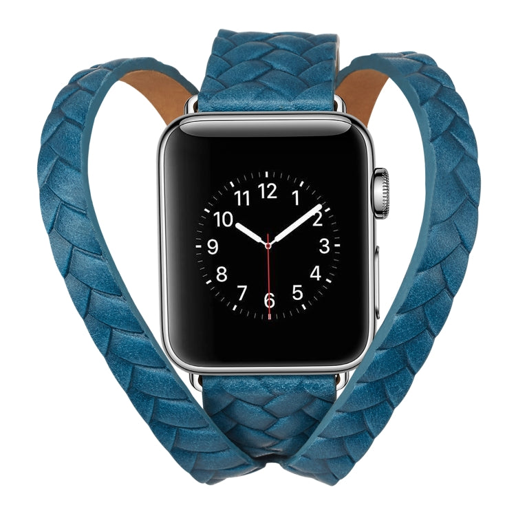 Blue woven leather watch band with embossed crown texture and silver rectangular buckle