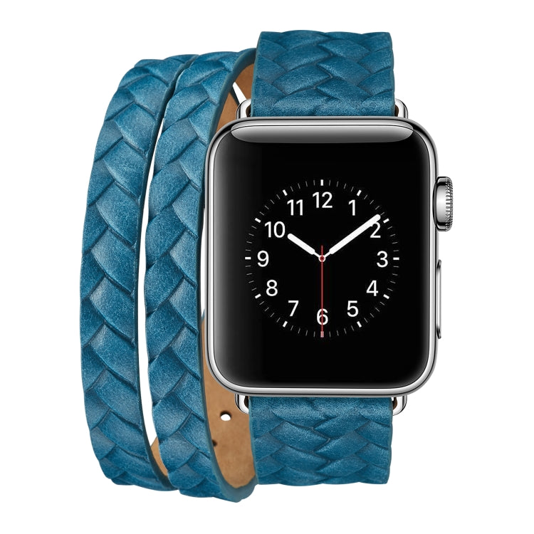 Blue braided leather watch band with embossed crown detail and silver buckle