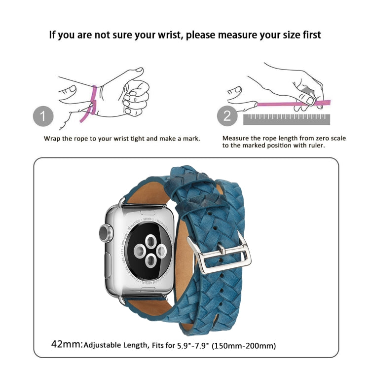 Blue woven leather watch band with silver buckle, adjustable strap shown