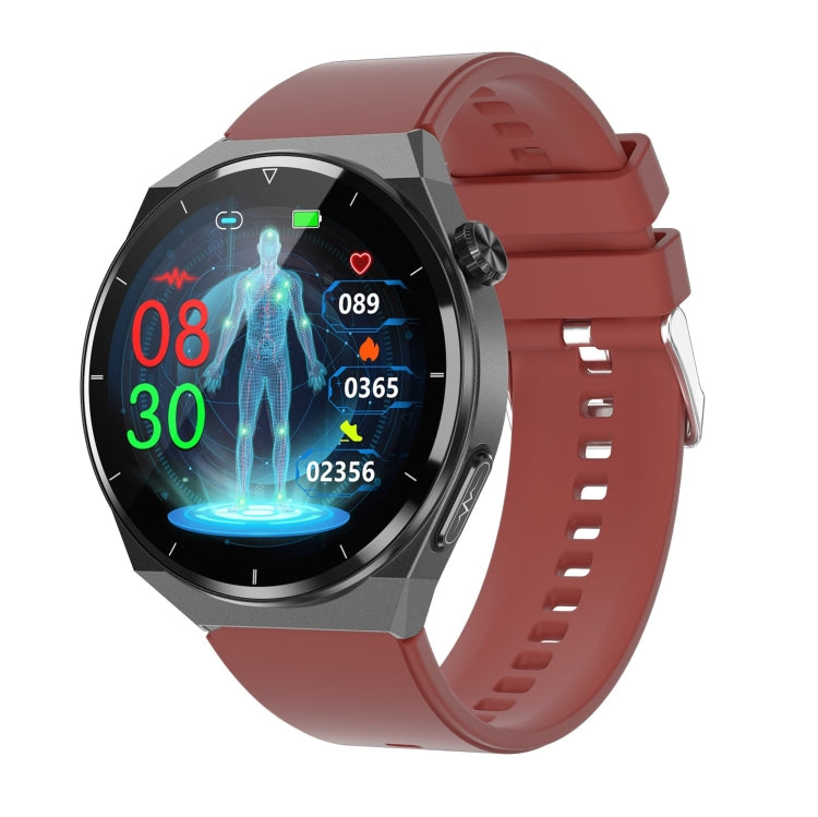 Red silicone band smart watch with round display showing health data graphs