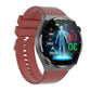 Red silicone band smart watch with round screen showing blue health readings
