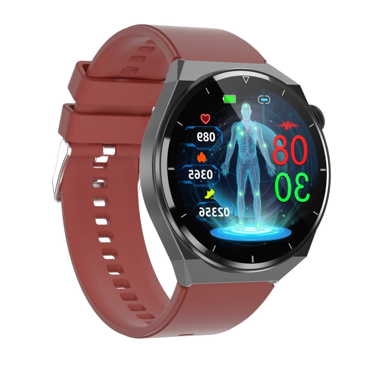 Red silicone band smart watch with round screen showing blue health readings