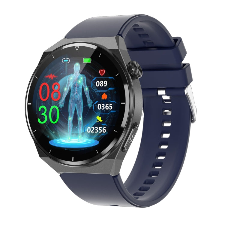 Blue silicone band smart watch with round display showing health metrics
