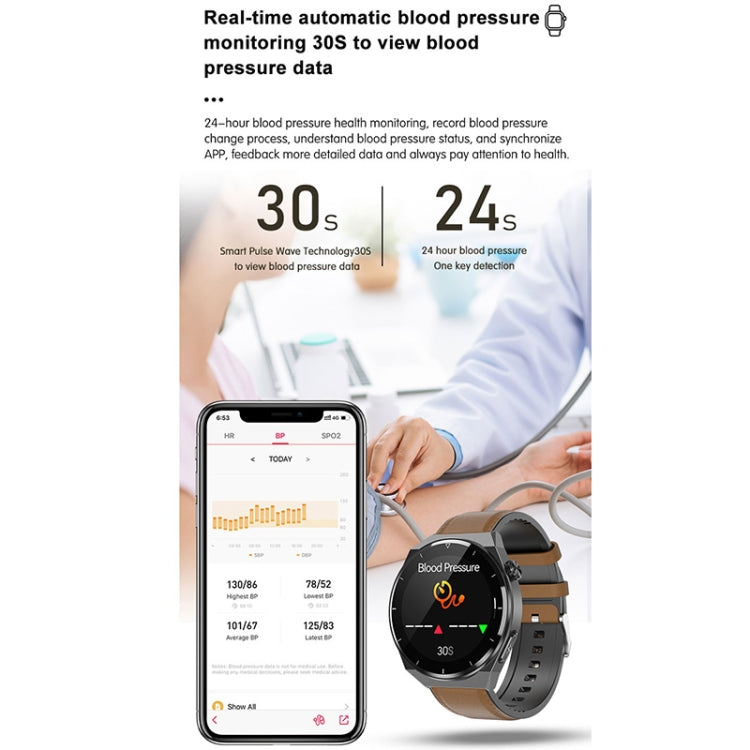 Black silicone band smart watch with round display showing blood pressure data