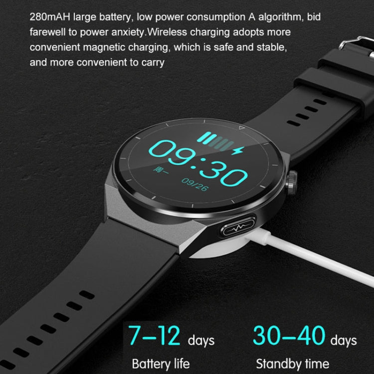 Black smart watch with charging cable and battery life indicators