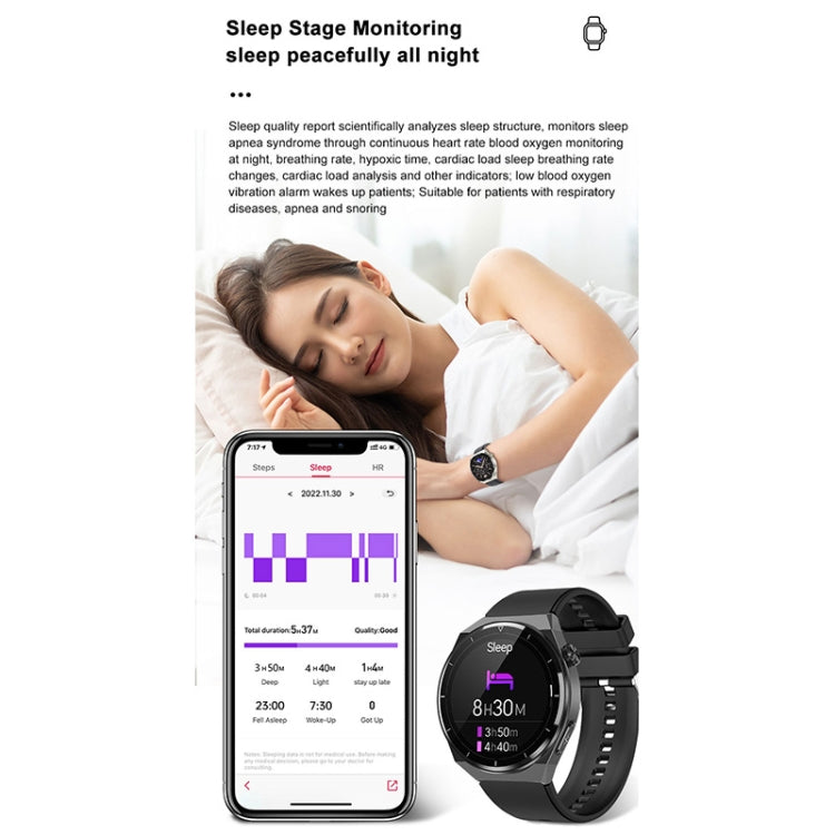 Black silicone band smart watch with sleep stage display and health chart