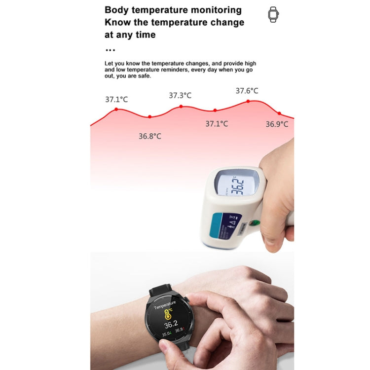 Black silicone band smart watch with body temperature reading on screen