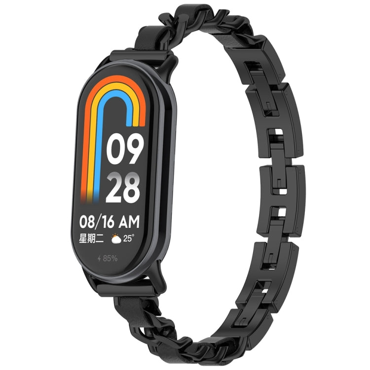 Black link replacement watch band with fitness tracker, digital rainbow clock display