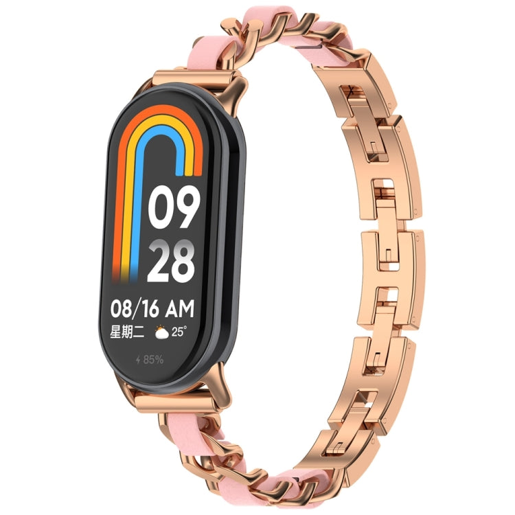 Rose gold link replacement watch band with fitness tracker, rainbow clock display