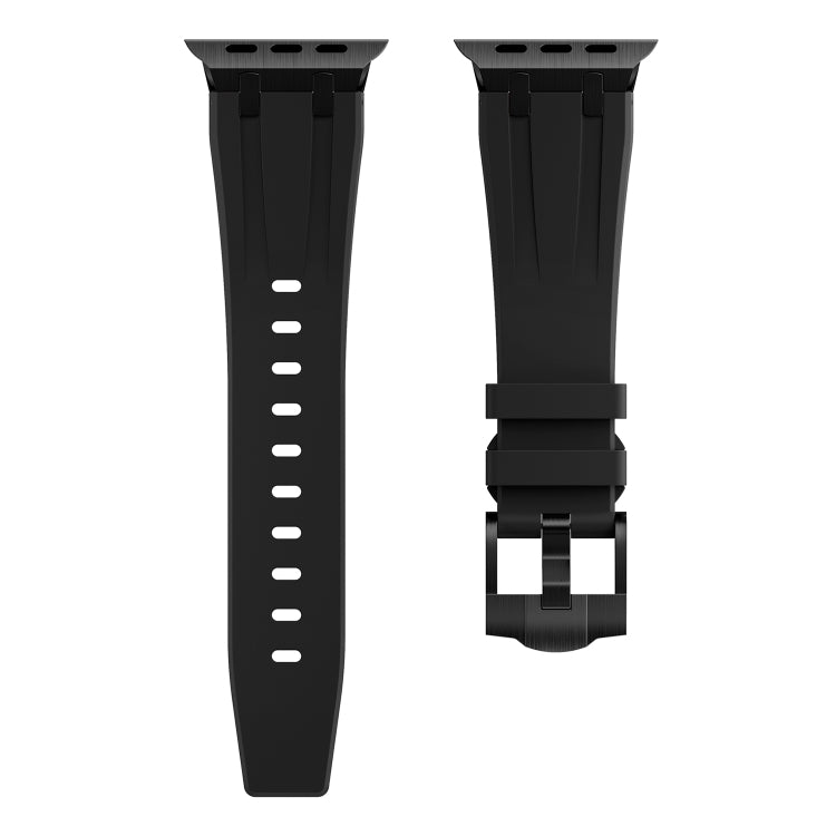 Black silicone Apple Watch band shown front and back with adjustment holes