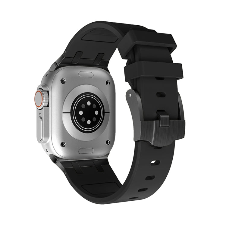 Black silicone Apple Watch band with vented links and secure clasp