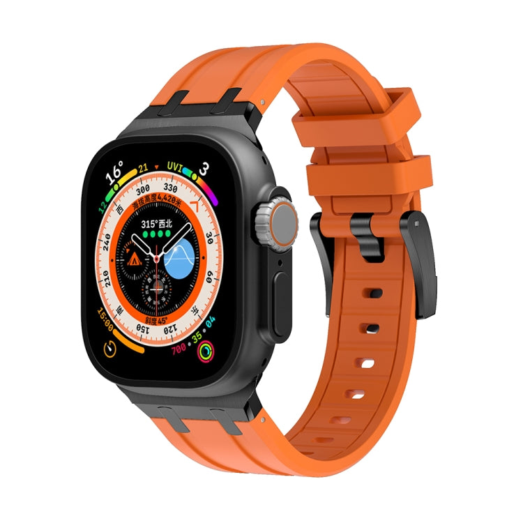 Silicone watch band with orange strap and silver-tone metal buckle for Apple Watch
