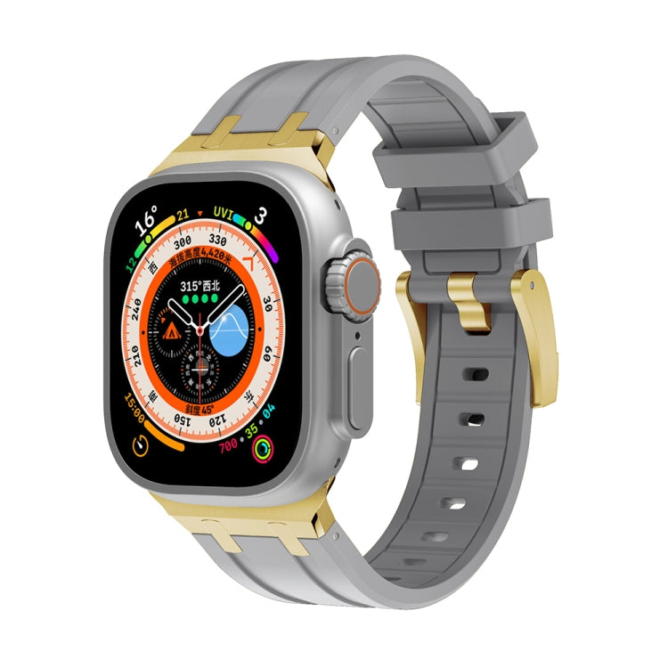 Silicone watch band with gray strap and gold-tone metal buckle for Apple Watch