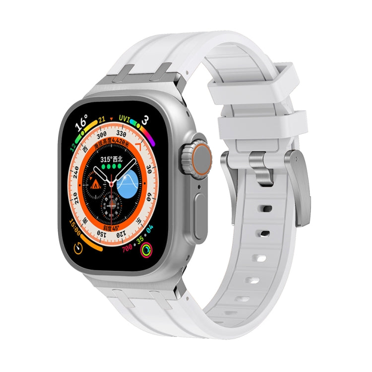 Silicone watch band with white strap and silver watch case for Apple Watch