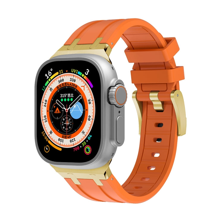 Silicone watch band with orange strap and gold links for Apple Watch