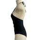 Black one-piece swimsuit with lace-up back and tie closure