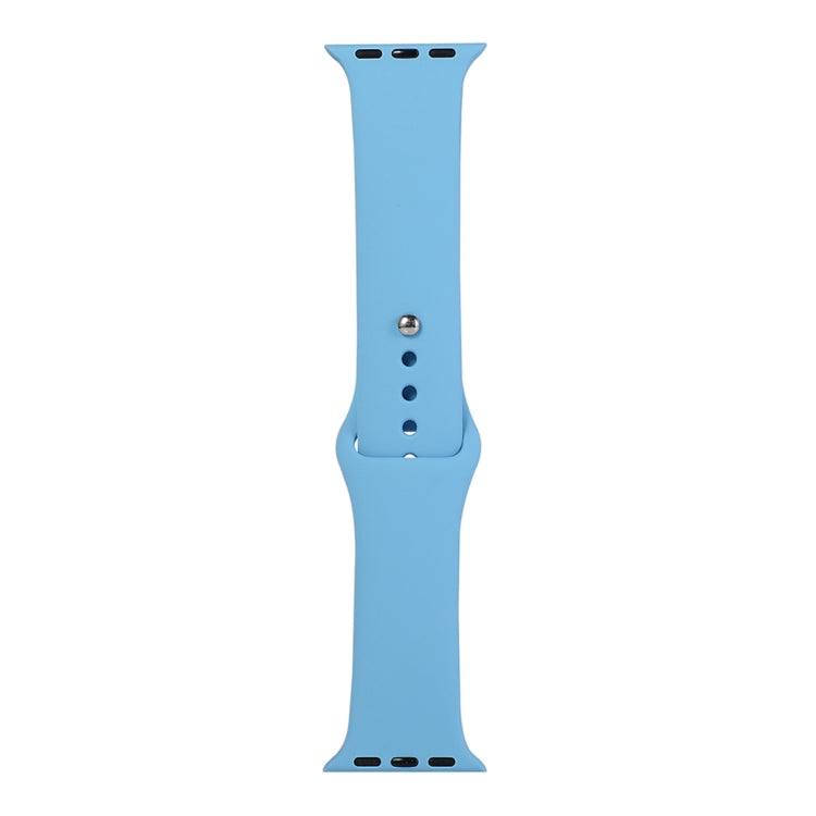 Light blue silicone watch replacement strap long section with pin holes and metal buckle tabs