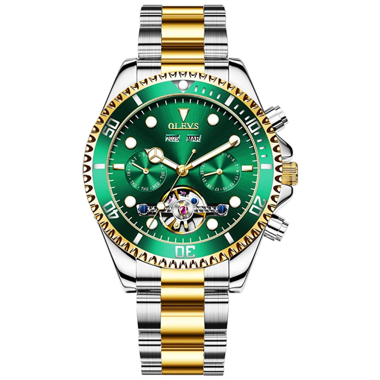 Men's green dial mechanical watch with gold-and-silver metal bracelet and bezel