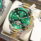 Green dial multifunction mechanical watch on white cushion with gold and steel bracelet