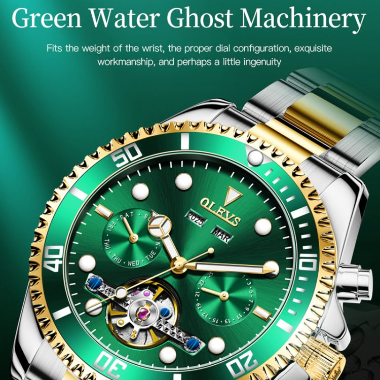 Green dial diver-style mechanical watch with gold bezel markers and two-tone bracelet