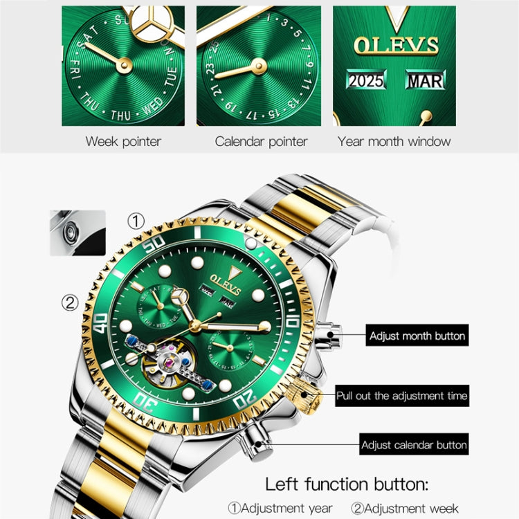 Green dial mechanical watch with gold accents, pushers, and stainless-steel folding clasp