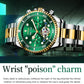 Green dial mechanical watch with gold bezel accents and two-tone stainless-steel bracelet