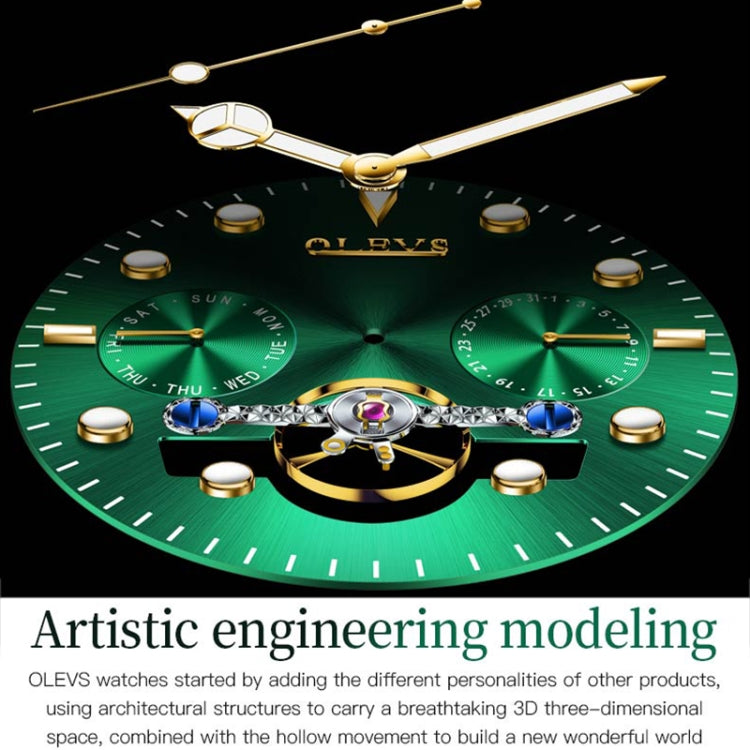 Mechanical watch face view with green inner dial, gold hands, and bezel markers