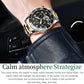 Men's green-dial mechanical watch on wrist with gold bezel and black leather strap