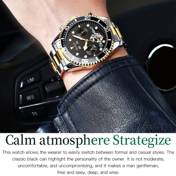 Men's green-dial mechanical watch on wrist with gold bezel and black leather strap