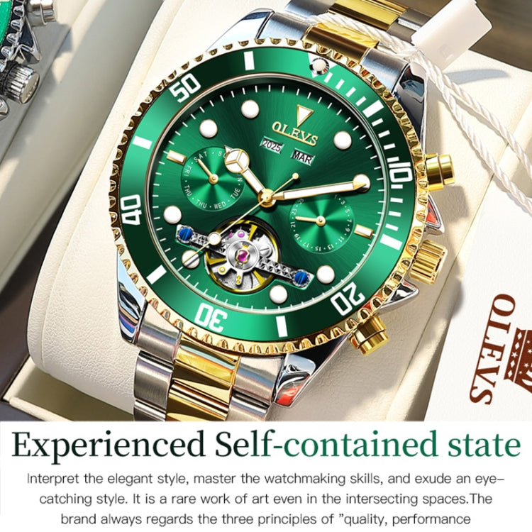 Green dial mechanical watch close-up with gold bezel ring and two-tone bracelet