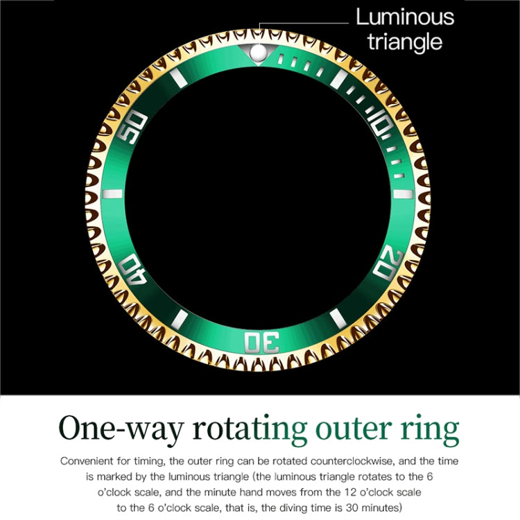 Green diver-style bezel ring with gold markers for a mechanical watch