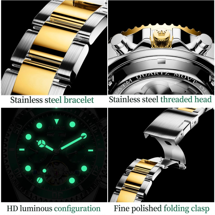 Green and gold stainless-steel mechanical watch with threaded crown and bracelet detail