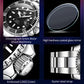 Men's luminous waterproof mechanical watch with black dial and steel bracelet details