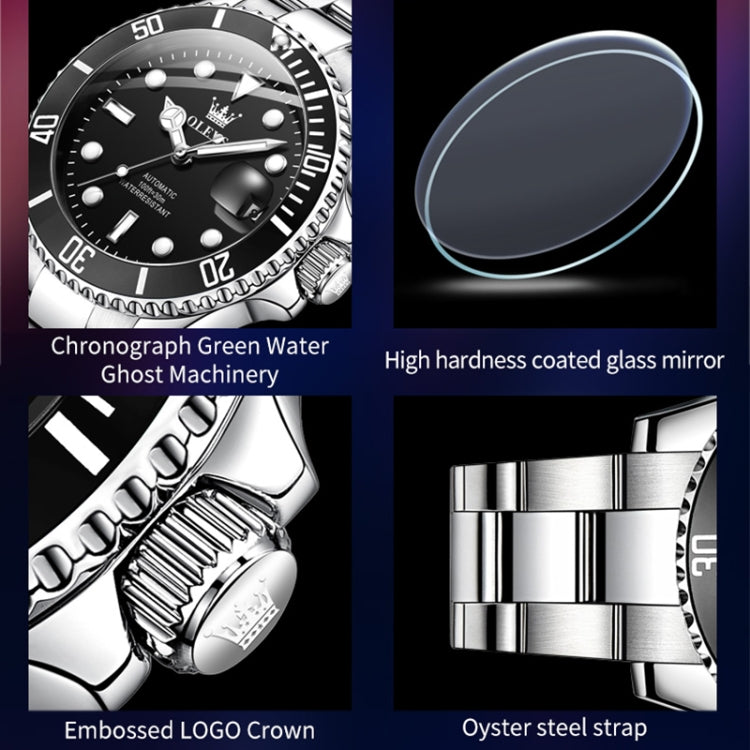 Men's luminous waterproof mechanical watch with black dial and steel bracelet details