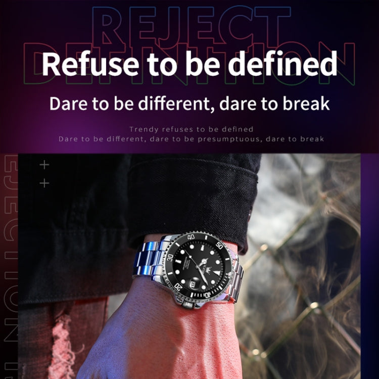 Men's mechanical waterproof wristwatch on wrist with black dial, luminous markers, stainless bracelet