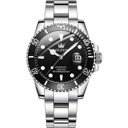 Men's mechanical waterproof wristwatch with black dial, luminous hour markers, steel bracelet