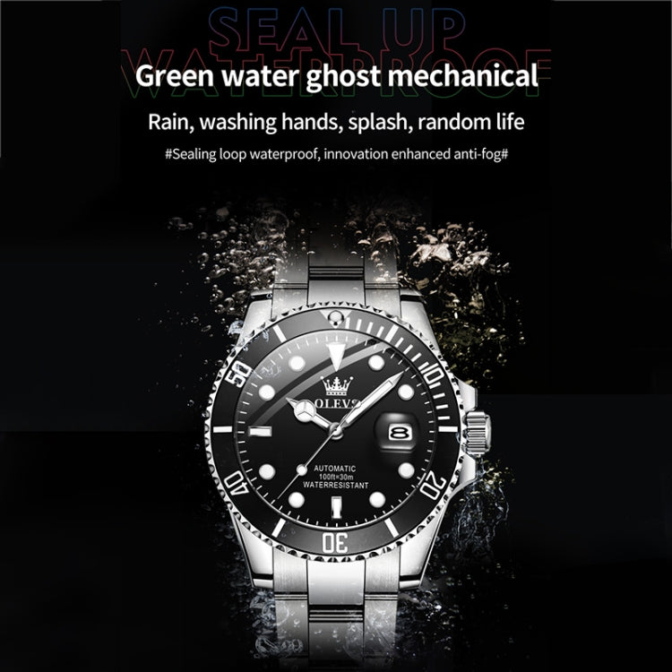 Men's mechanical waterproof wristwatch with black dial and luminous markers, steel bracelet with splash
