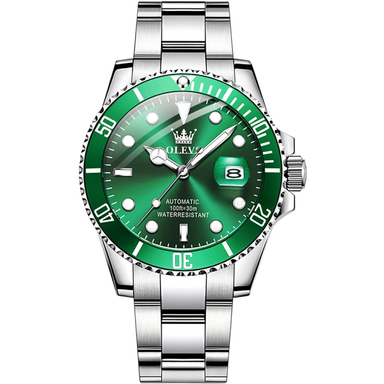 Men's luminous waterproof mechanical watch with green dial and steel bracelet
