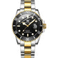 Men's luminous waterproof mechanical watch with black dial and gold-accented steel bracelet